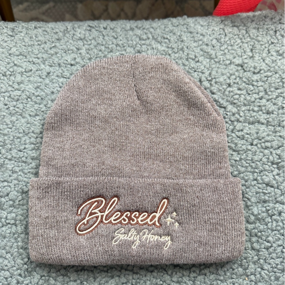 Salty Honey 'Blessed' Embroidered Knit Beanie - Taupe